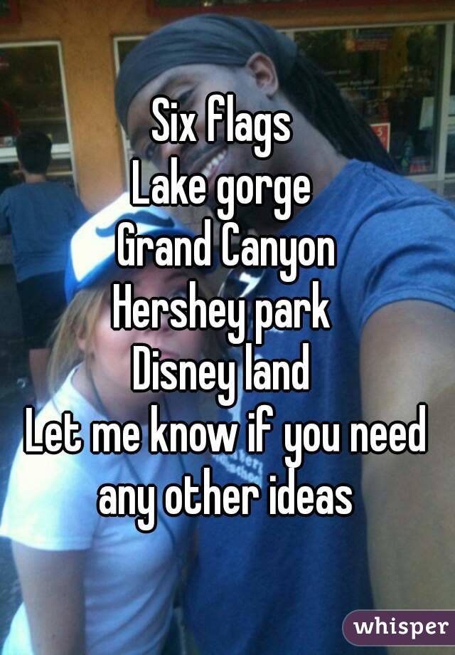 Six flags 
Lake gorge 
Grand Canyon
Hershey park 
Disney land 
Let me know if you need any other ideas 