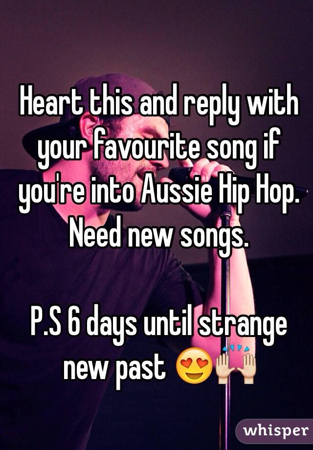 Heart this and reply with your favourite song if you're into Aussie Hip Hop. Need new songs.

P.S 6 days until strange new past 😍🙌