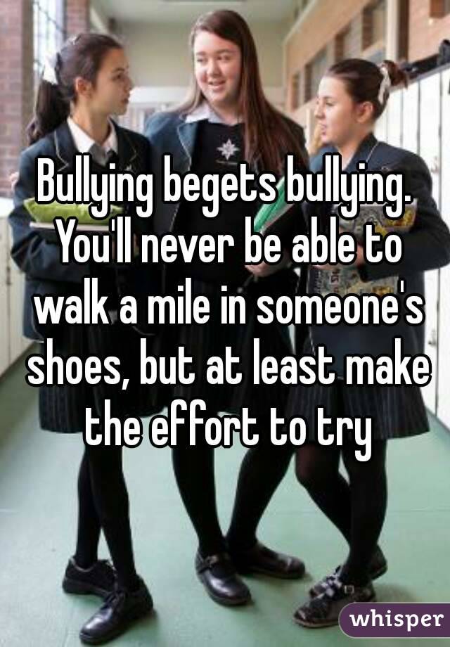 Bullying begets bullying. You'll never be able to walk a mile in someone's shoes, but at least make the effort to try