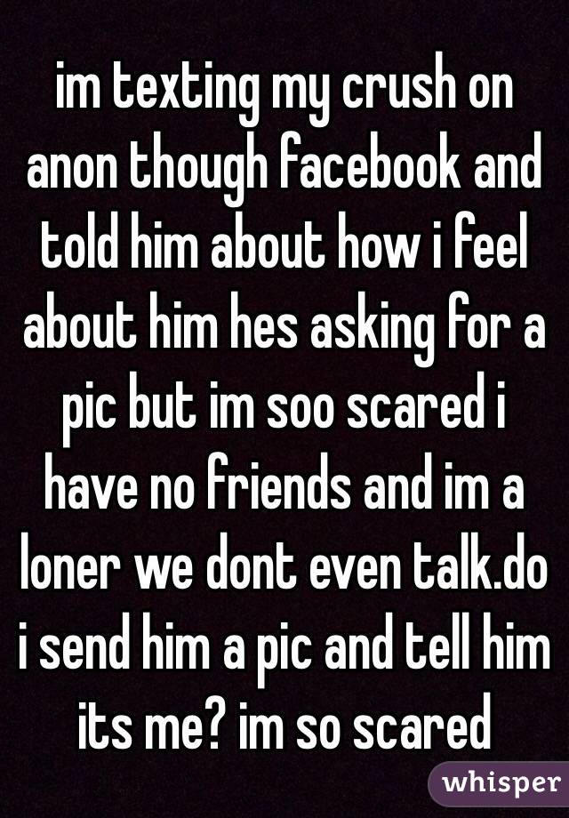 im texting my crush on anon though facebook and told him about how i feel about him hes asking for a pic but im soo scared i have no friends and im a loner we dont even talk.do i send him a pic and tell him its me? im so scared