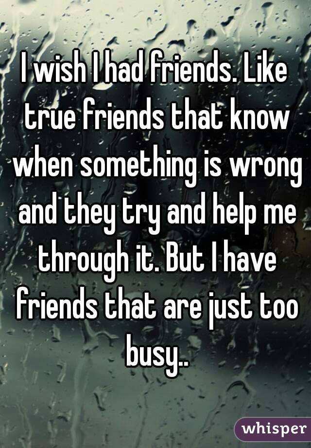 I wish I had friends. Like true friends that know when something is wrong and they try and help me through it. But I have friends that are just too busy..