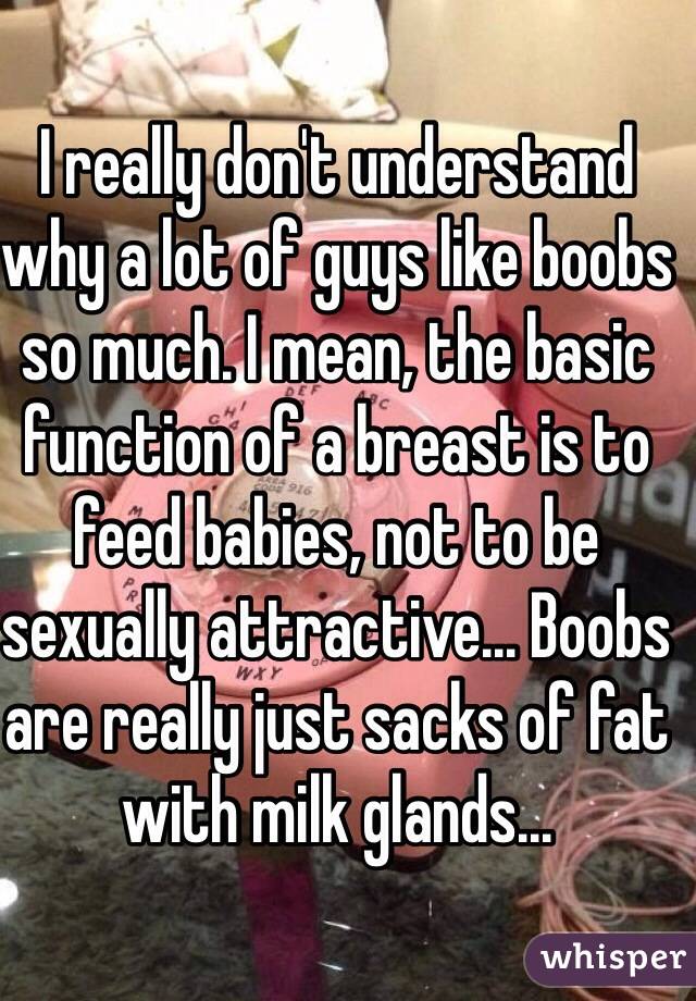 I really don't understand why a lot of guys like boobs so much. I mean, the basic function of a breast is to feed babies, not to be sexually attractive... Boobs are really just sacks of fat with milk glands...
