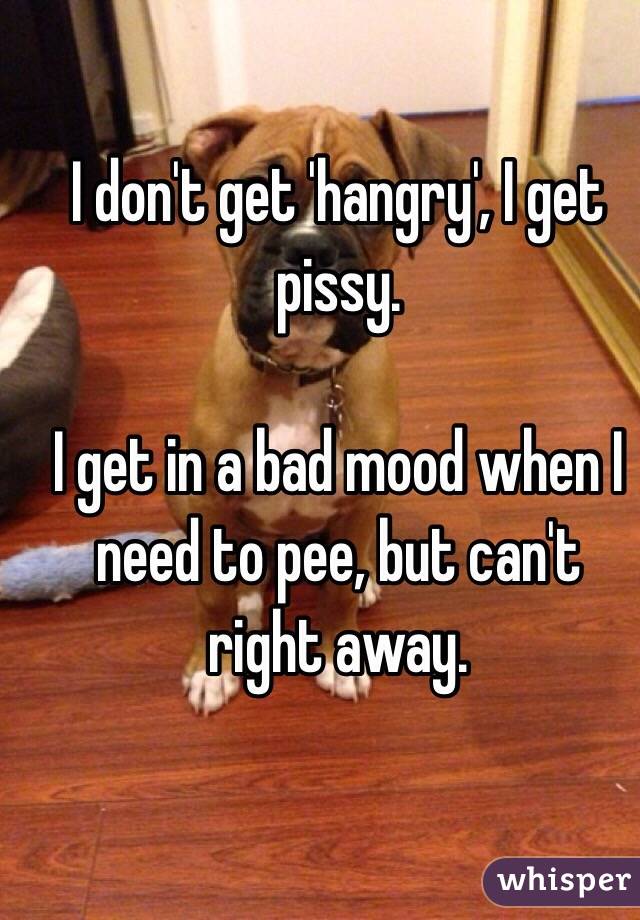 I don't get 'hangry', I get pissy. 

I get in a bad mood when I need to pee, but can't right away. 