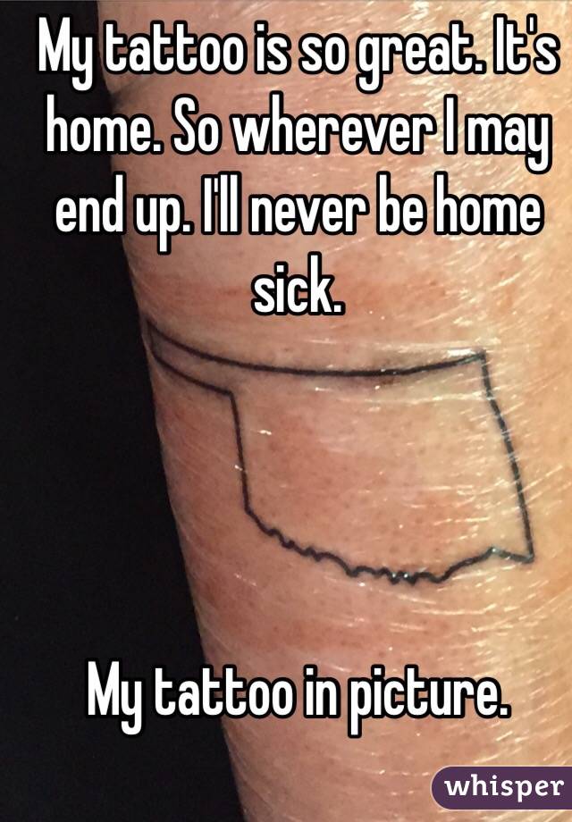 My tattoo is so great. It's home. So wherever I may end up. I'll never be home sick. 




My tattoo in picture. 