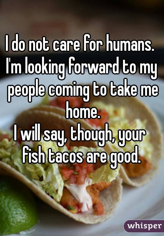 I do not care for humans. 
I'm looking forward to my people coming to take me
 home.
I will say, though, your 
fish tacos are good.
 