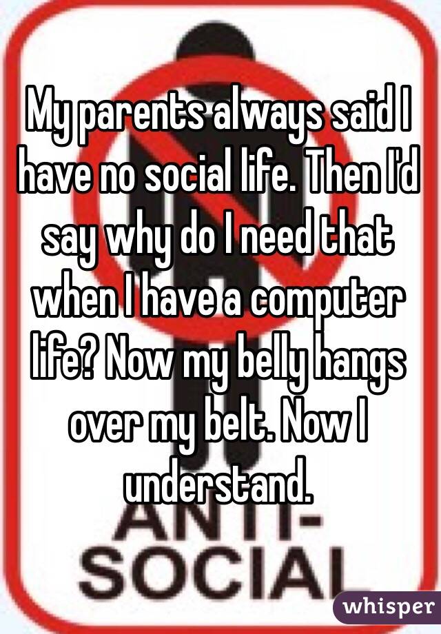 My parents always said I have no social life. Then I'd say why do I need that when I have a computer life? Now my belly hangs over my belt. Now I understand.