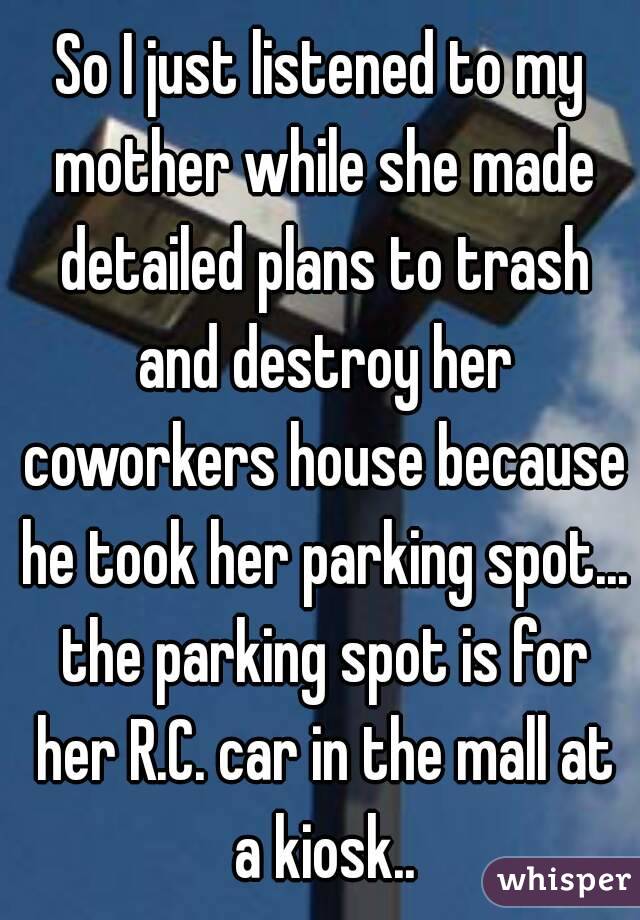 So I just listened to my mother while she made detailed plans to trash and destroy her coworkers house because he took her parking spot... the parking spot is for her R.C. car in the mall at a kiosk..
