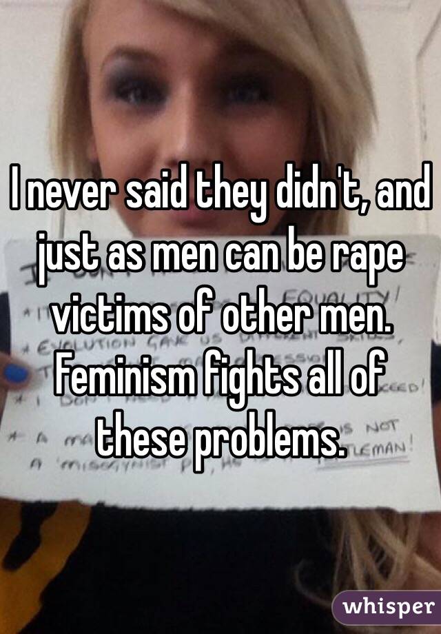 I never said they didn't, and just as men can be rape victims of other men. Feminism fights all of these problems. 