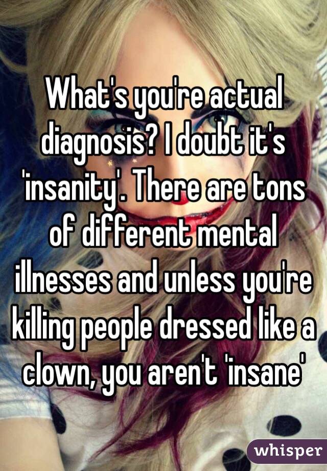 What's you're actual diagnosis? I doubt it's 'insanity'. There are tons of different mental illnesses and unless you're killing people dressed like a clown, you aren't 'insane'