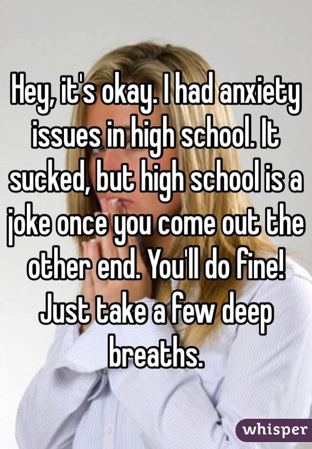 Hey, it's okay. I had anxiety issues in high school. It sucked, but high school is a joke once you come out the other end. You'll do fine! Just take a few deep breaths. 
