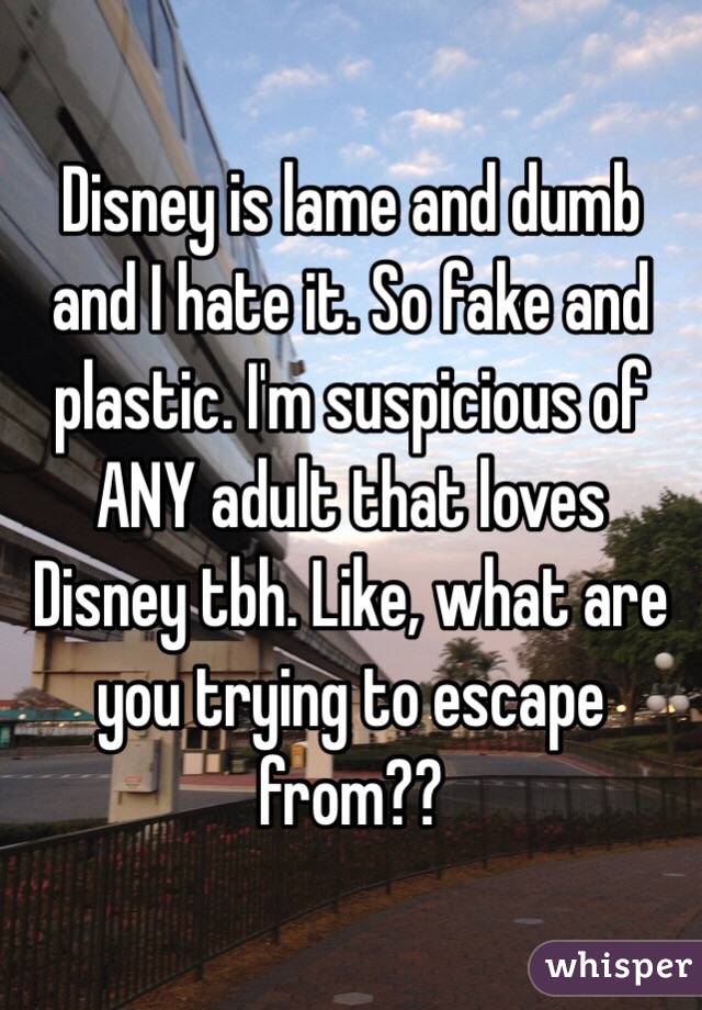 Disney is lame and dumb and I hate it. So fake and plastic. I'm suspicious of ANY adult that loves Disney tbh. Like, what are you trying to escape from??