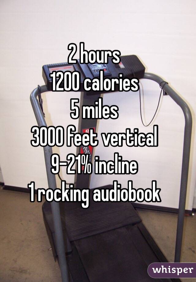 2 hours
1200 calories
5 miles
3000 feet vertical
9-21% incline
1 rocking audiobook