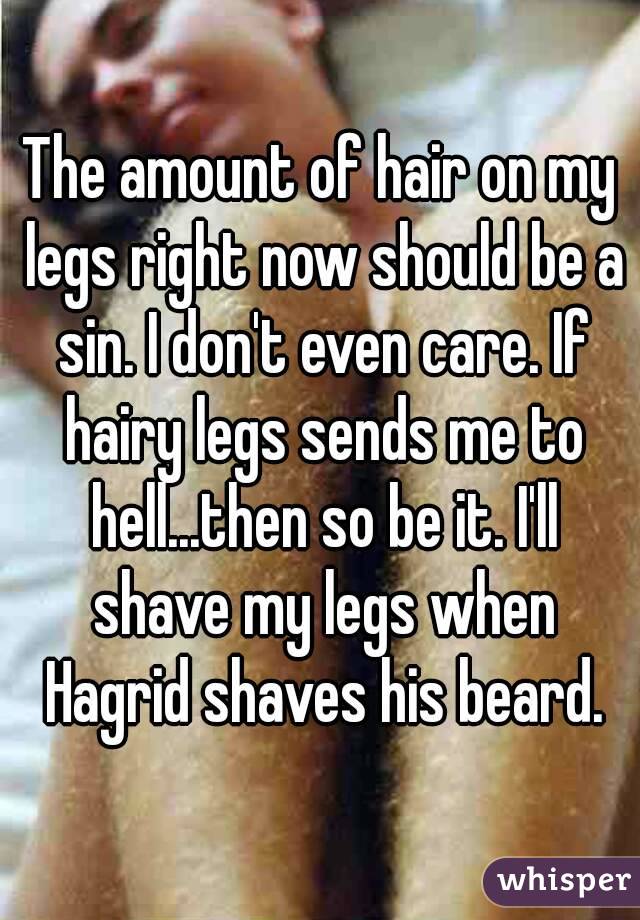 The amount of hair on my legs right now should be a sin. I don't even care. If hairy legs sends me to hell...then so be it. I'll shave my legs when Hagrid shaves his beard.