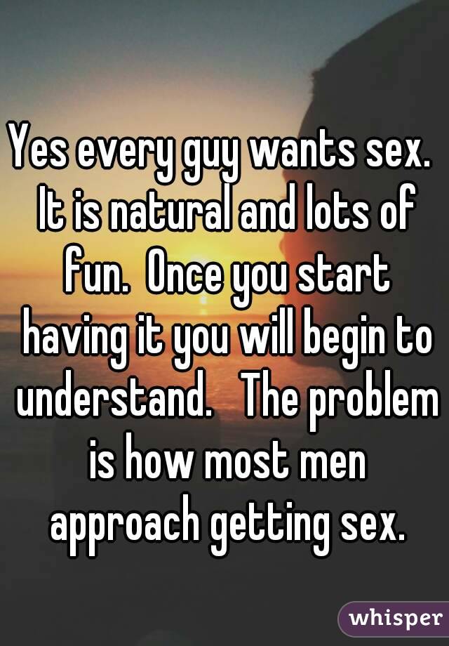 Yes every guy wants sex.  It is natural and lots of fun.  Once you start having it you will begin to understand.   The problem is how most men approach getting sex.