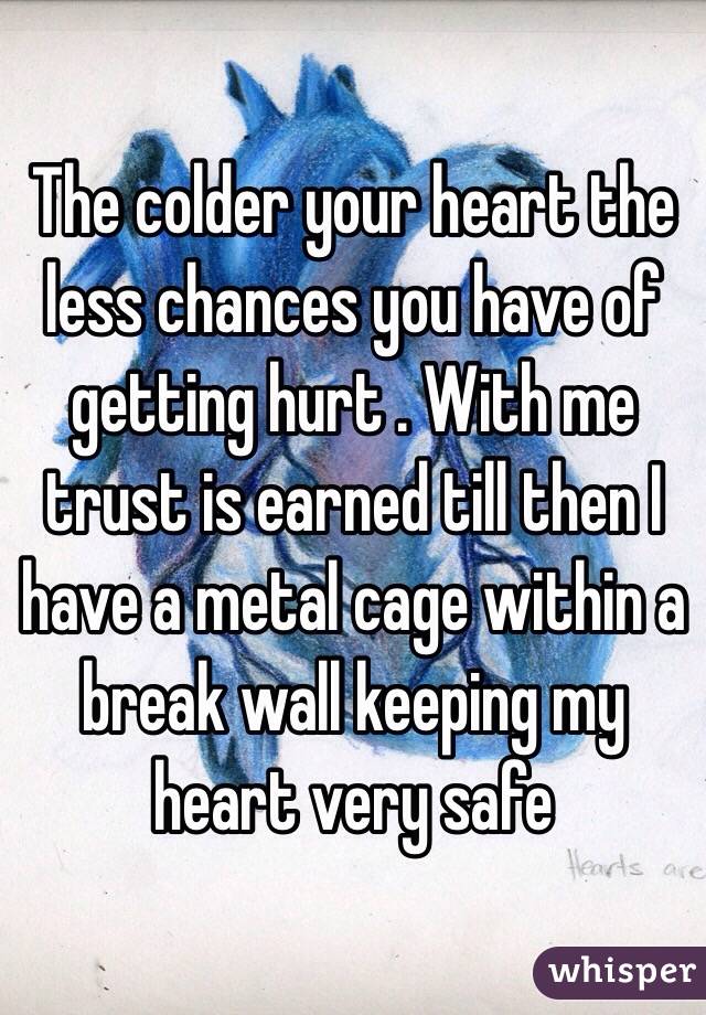 The colder your heart the less chances you have of getting hurt . With me trust is earned till then I have a metal cage within a break wall keeping my heart very safe 