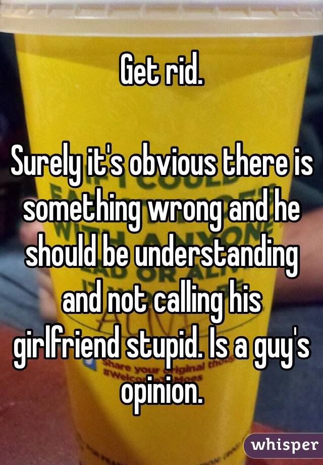 Get rid.

Surely it's obvious there is something wrong and he should be understanding and not calling his girlfriend stupid. Is a guy's opinion.