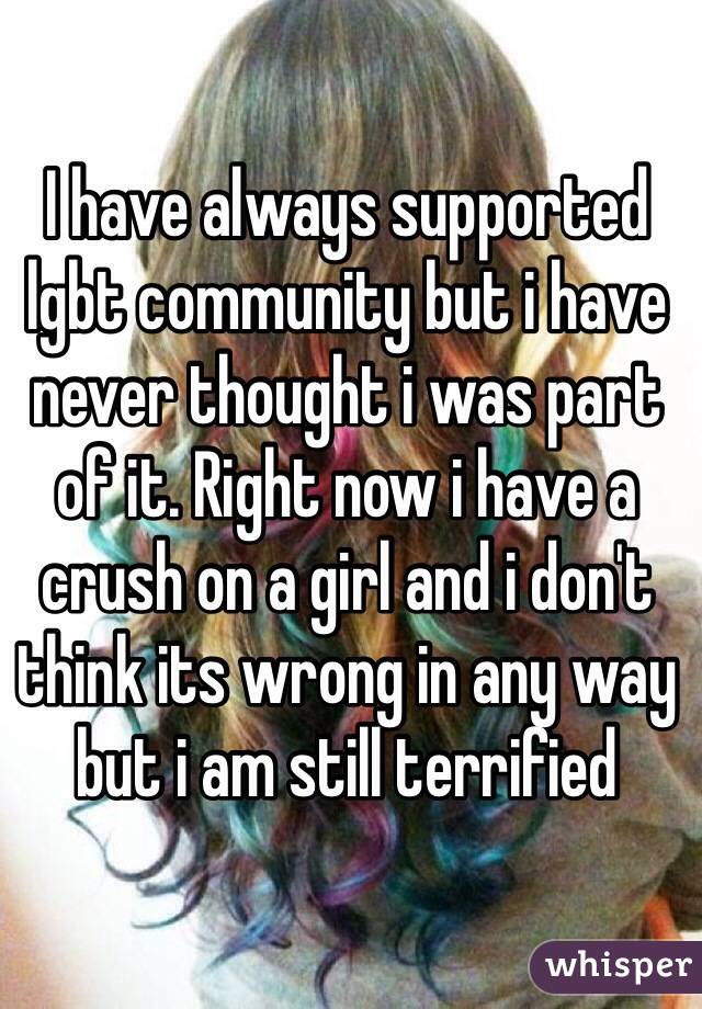 I have always supported lgbt community but i have never thought i was part of it. Right now i have a crush on a girl and i don't think its wrong in any way but i am still terrified   