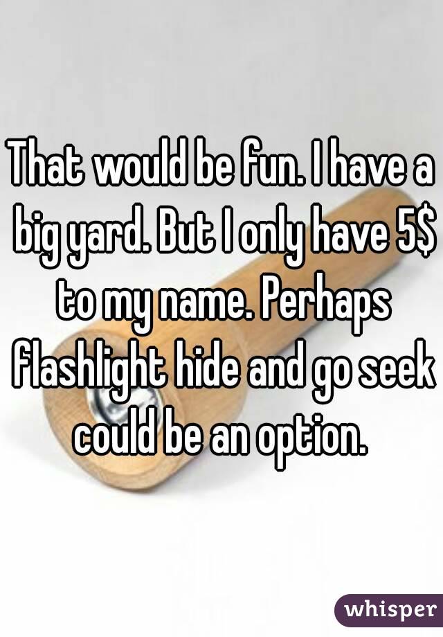 That would be fun. I have a big yard. But I only have 5$ to my name. Perhaps flashlight hide and go seek could be an option. 