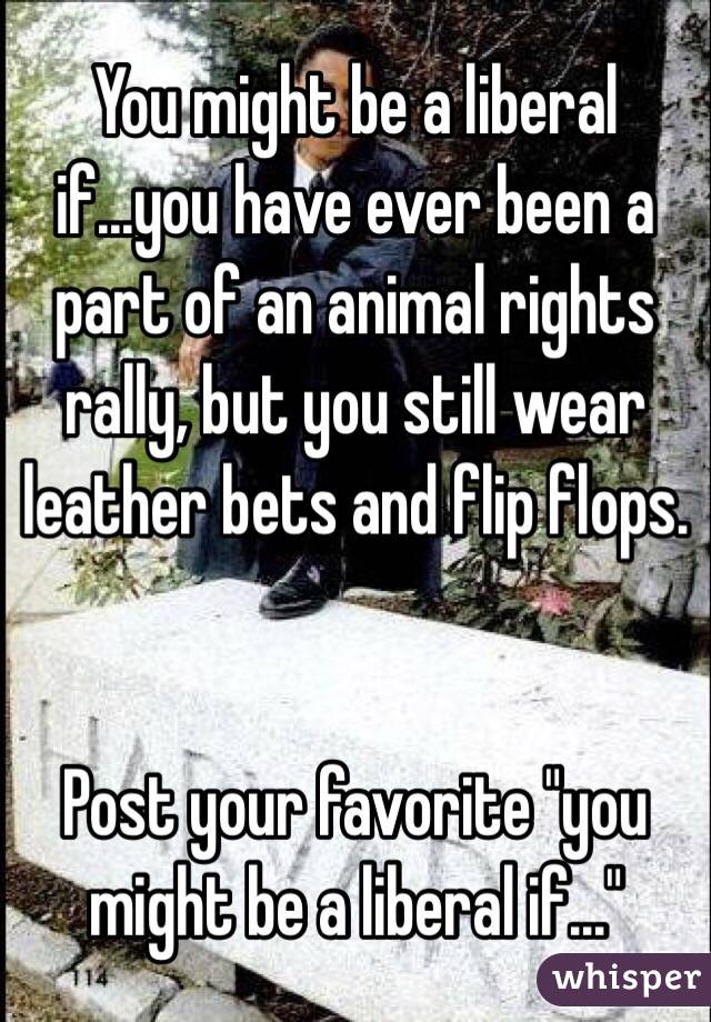 You might be a liberal if...you have ever been a part of an animal rights rally, but you still wear leather bets and flip flops. 


Post your favorite "you might be a liberal if..."
