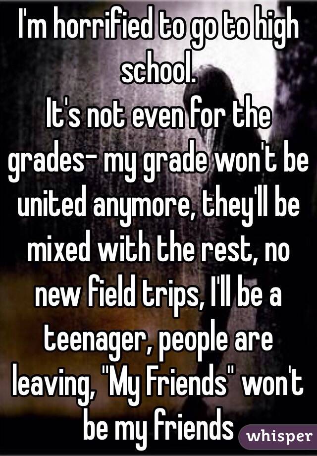 I'm horrified to go to high school.
It's not even for the grades- my grade won't be united anymore, they'll be mixed with the rest, no new field trips, I'll be a teenager, people are leaving, "My Friends" won't be my friends