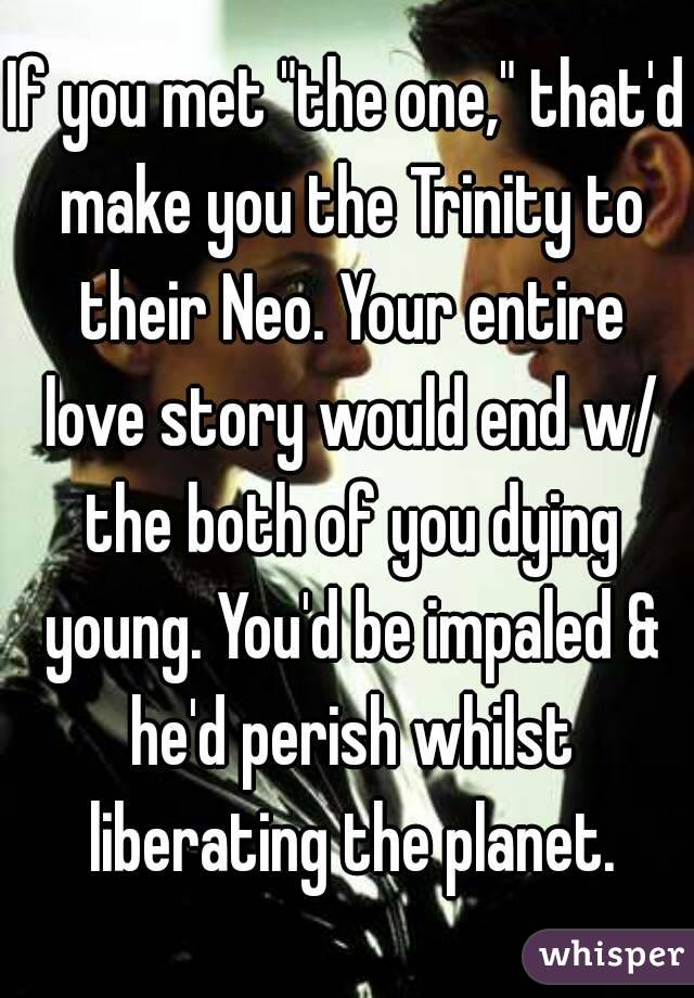 If you met "the one," that'd make you the Trinity to their Neo. Your entire love story would end w/ the both of you dying young. You'd be impaled & he'd perish whilst liberating the planet.