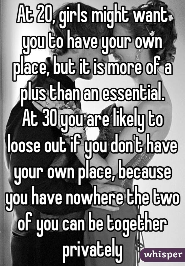 At 20, girls might want you to have your own place, but it is more of a plus than an essential. 
At 30 you are likely to loose out if you don't have your own place, because you have nowhere the two of you can be together privately 