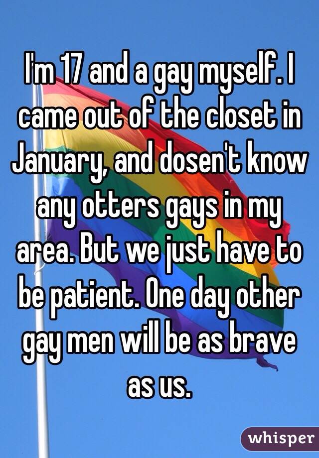 I'm 17 and a gay myself. I came out of the closet in January, and dosen't know any otters gays in my area. But we just have to be patient. One day other gay men will be as brave as us.
