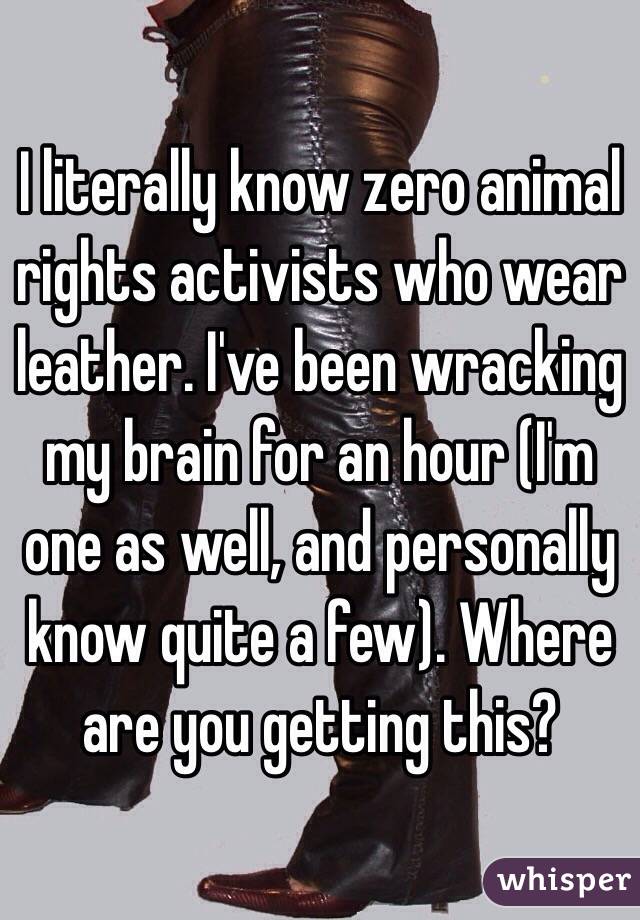I literally know zero animal rights activists who wear leather. I've been wracking my brain for an hour (I'm one as well, and personally know quite a few). Where are you getting this?