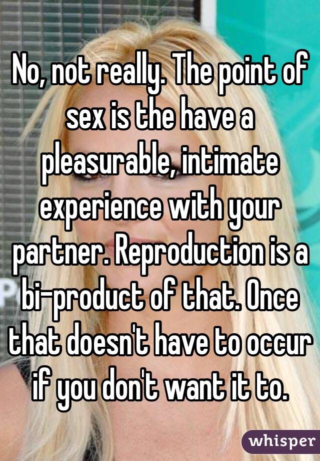 No, not really. The point of sex is the have a pleasurable, intimate experience with your partner. Reproduction is a bi-product of that. Once that doesn't have to occur if you don't want it to. 