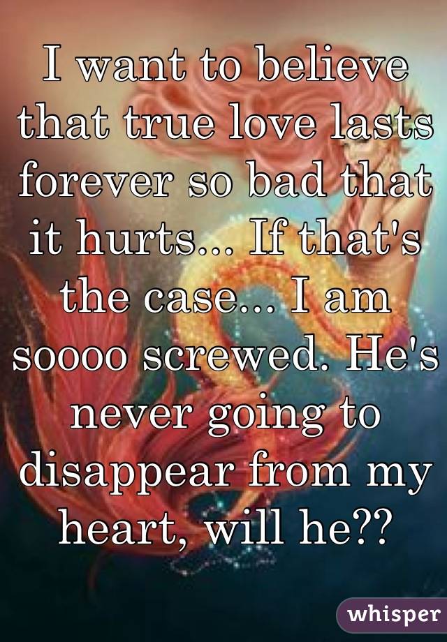 I want to believe that true love lasts forever so bad that it hurts... If that's the case... I am soooo screwed. He's never going to disappear from my heart, will he??