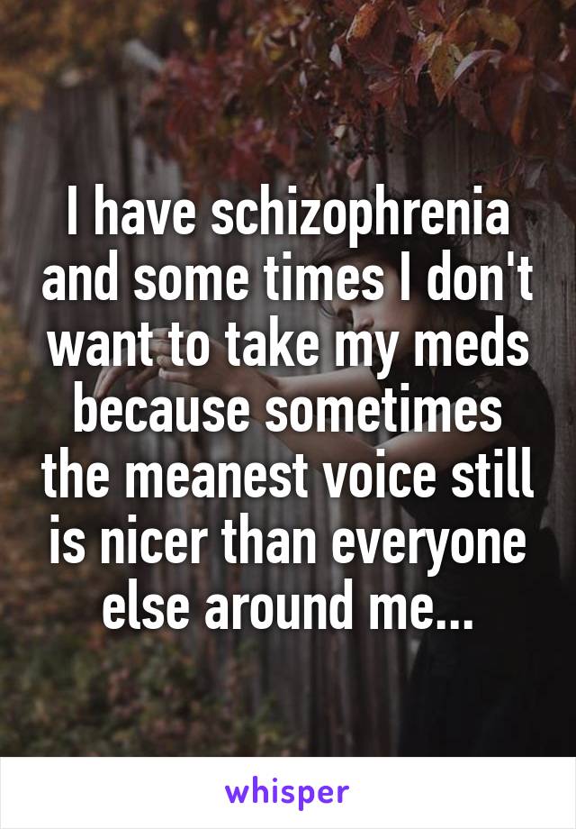 I have schizophrenia and some times I don't want to take my meds because sometimes the meanest voice still is nicer than everyone else around me...