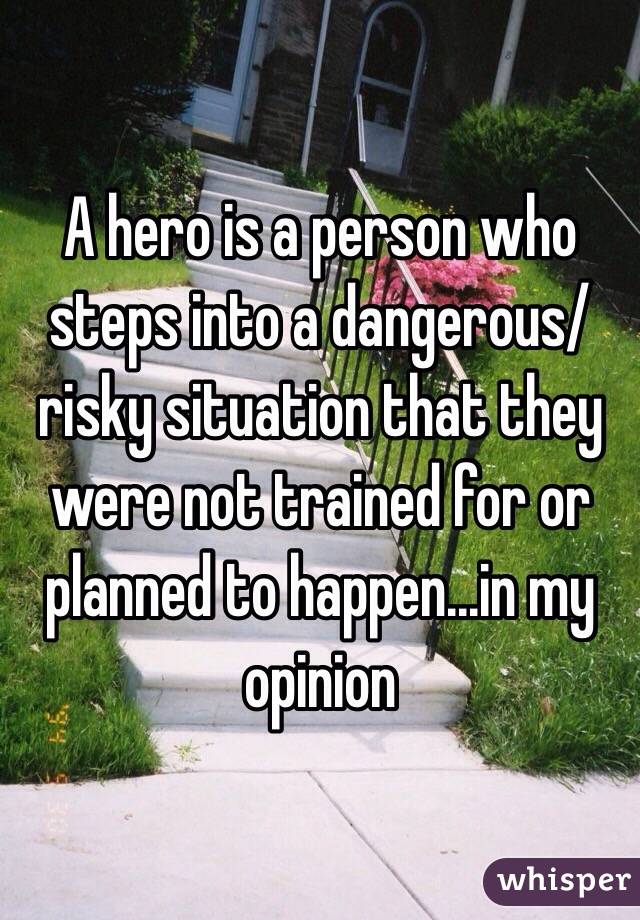 A hero is a person who steps into a dangerous/risky situation that they were not trained for or planned to happen...in my opinion
