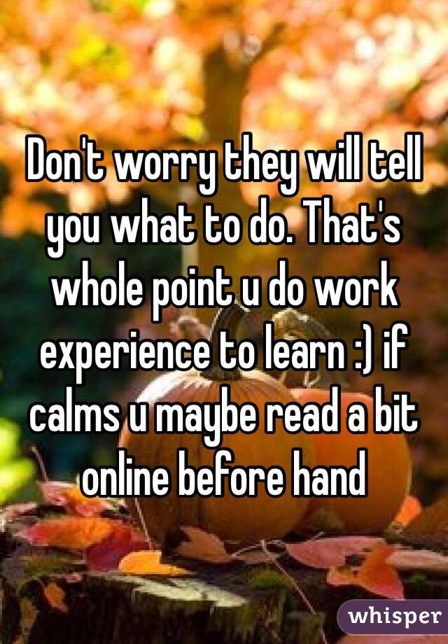 Don't worry they will tell you what to do. That's whole point u do work experience to learn :) if calms u maybe read a bit online before hand