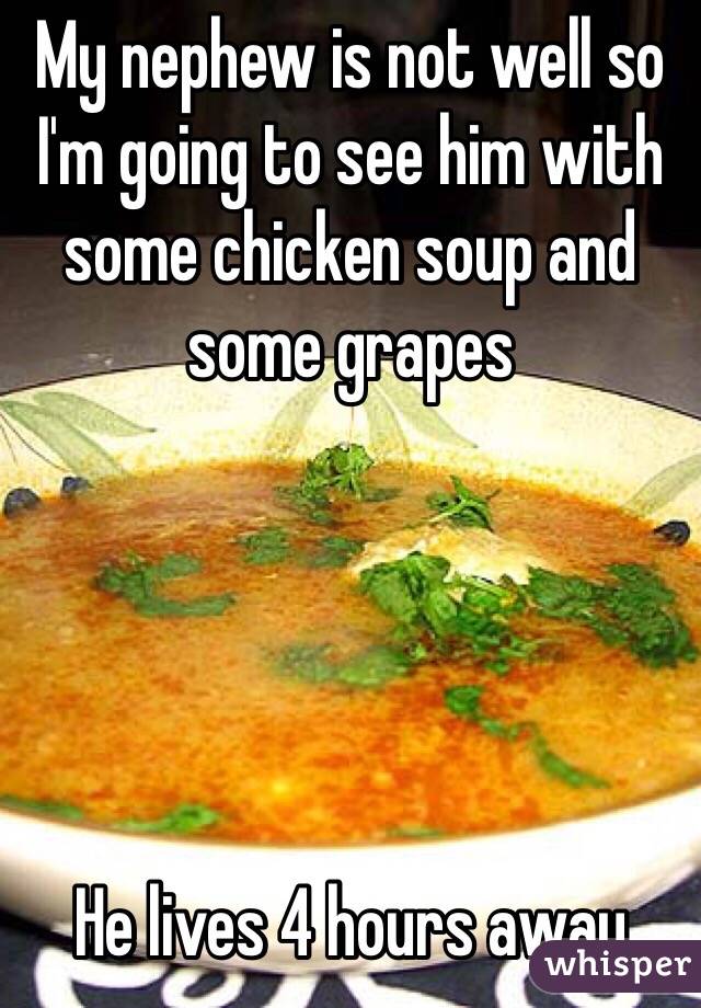 My nephew is not well so I'm going to see him with some chicken soup and some grapes 





He lives 4 hours away 