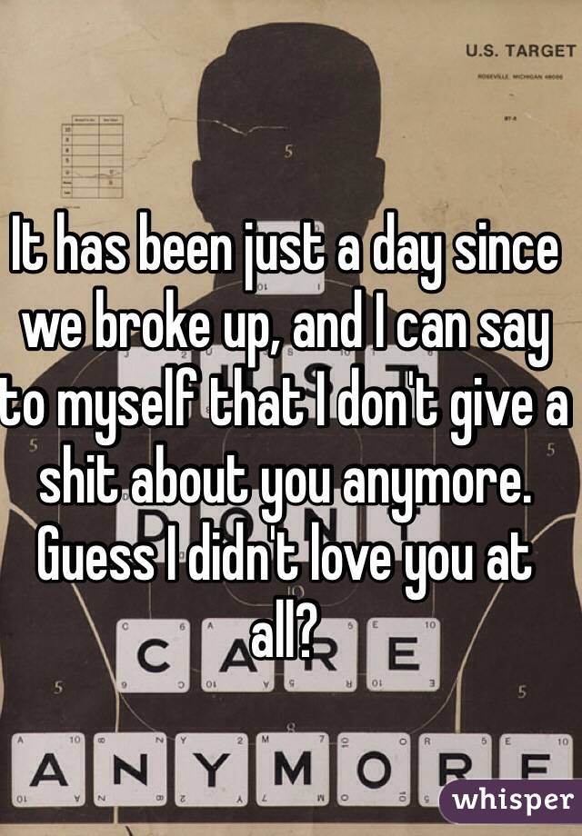 It has been just a day since we broke up, and I can say to myself that I don't give a shit about you anymore. Guess I didn't love you at all? 