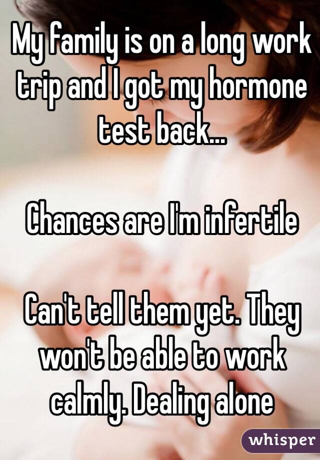 My family is on a long work trip and I got my hormone test back...

Chances are I'm infertile 

Can't tell them yet. They won't be able to work calmly. Dealing alone 