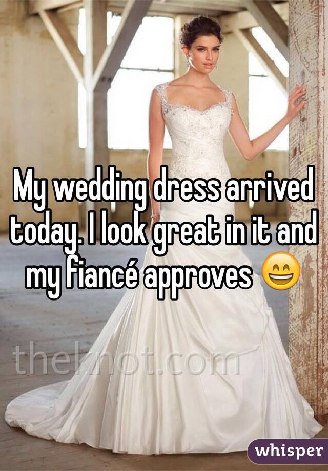 My wedding dress arrived today. I look great in it and my fiancé approves 😄