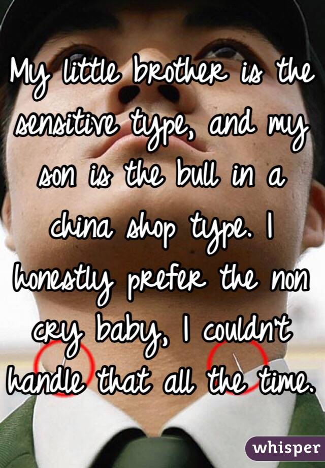 My little brother is the sensitive type, and my son is the bull in a china shop type. I honestly prefer the non cry baby, I couldn't handle that all the time. 