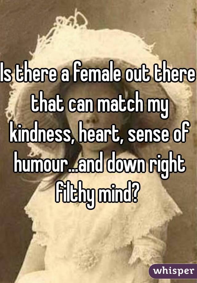 Is there a female out there that can match my kindness, heart, sense of humour...and down right filthy mind? 

