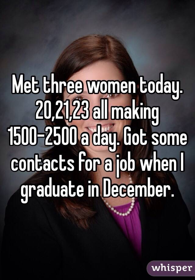 Met three women today. 20,21,23 all making 1500-2500 a day. Got some contacts for a job when I graduate in December. 