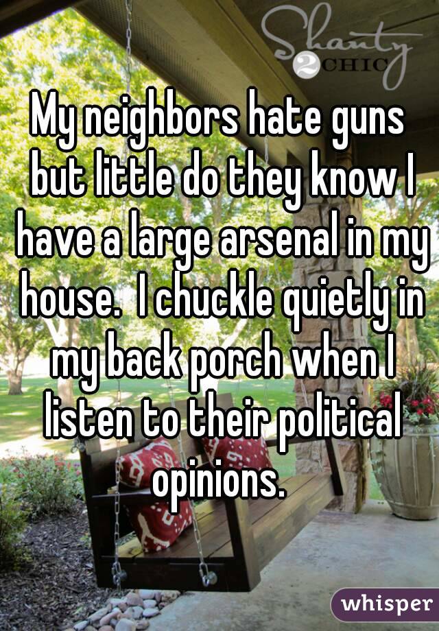 My neighbors hate guns but little do they know I have a large arsenal in my house.  I chuckle quietly in my back porch when I listen to their political opinions. 