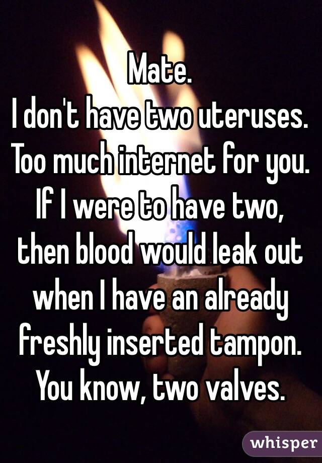 Mate. 
I don't have two uteruses. Too much internet for you. If I were to have two, then blood would leak out when I have an already freshly inserted tampon. You know, two valves.