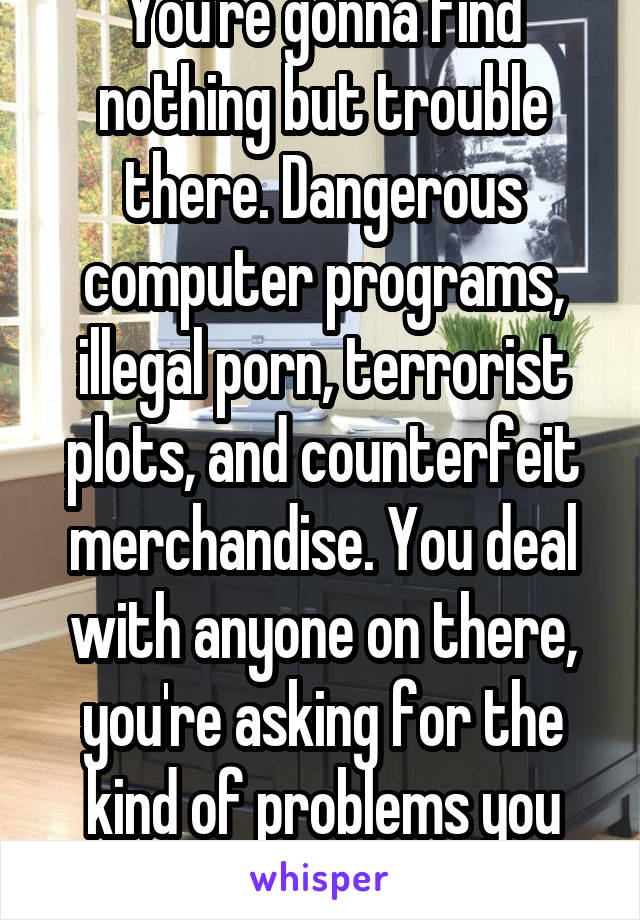 You're gonna find nothing but trouble there. Dangerous computer programs, illegal porn, terrorist plots, and counterfeit merchandise. You deal with anyone on there, you're asking for the kind of problems you can't run from. 