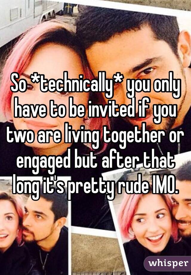 So *technically* you only have to be invited if you two are living together or engaged but after that long it's pretty rude IMO.
