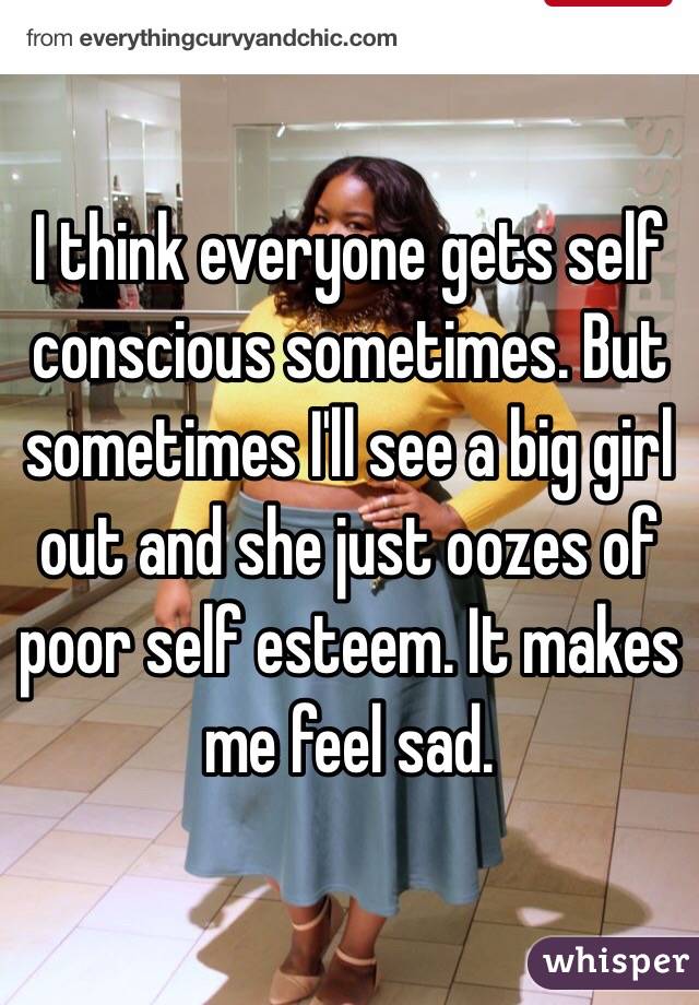 I think everyone gets self conscious sometimes. But sometimes I'll see a big girl out and she just oozes of poor self esteem. It makes me feel sad. 
