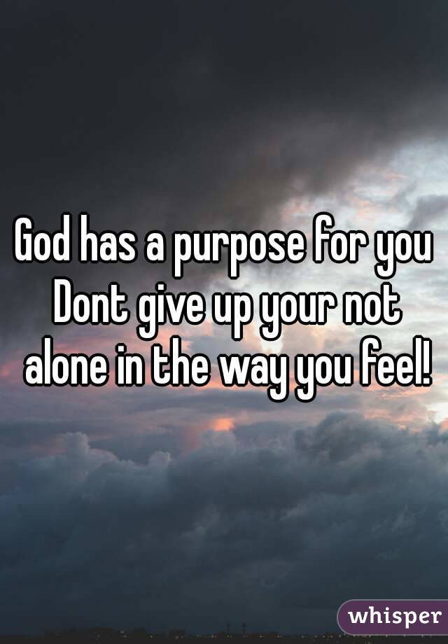 God has a purpose for you Dont give up your not alone in the way you feel!