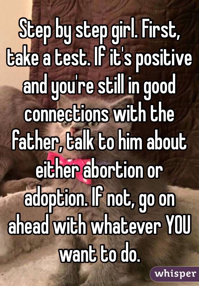 Step by step girl. First, take a test. If it's positive and you're still in good connections with the father, talk to him about either abortion or adoption. If not, go on ahead with whatever YOU want to do. 