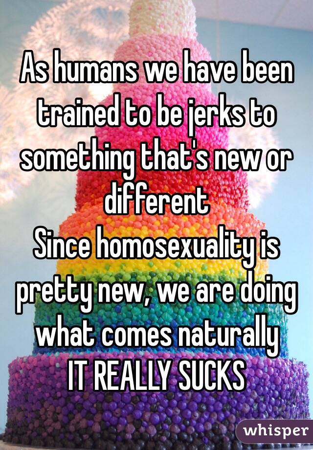 As humans we have been trained to be jerks to something that's new or different 
Since homosexuality is pretty new, we are doing what comes naturally 
IT REALLY SUCKS 