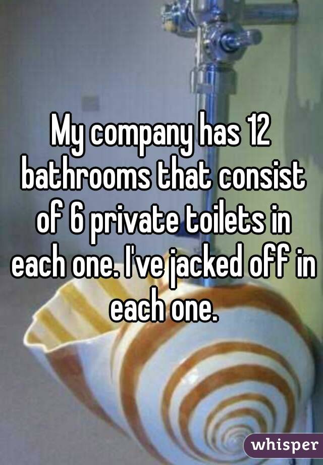 My company has 12 bathrooms that consist of 6 private toilets in each one. I've jacked off in each one.