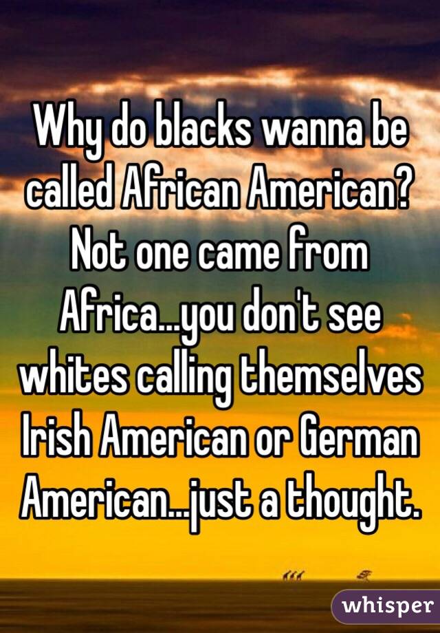 Why do blacks wanna be called African American? Not one came from Africa...you don't see whites calling themselves Irish American or German American...just a thought. 